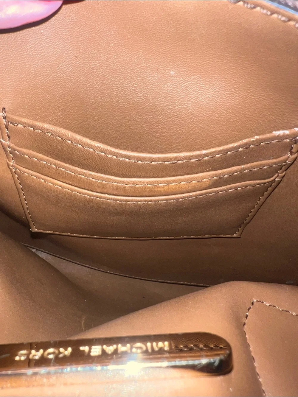 Michael Kors Brown, Tan and White Logo Satchel with Gold Charm